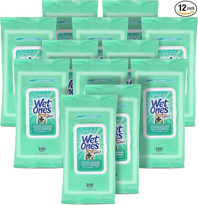 Wet Ones for Pets Hypoallergenic Multipurpose Dog Wipes with Vitamins A, C and E - Fragrance-Free Dog Grooming Wipes with Vitamins, Wet Lock Seal, 100 Count - 12 Pack
