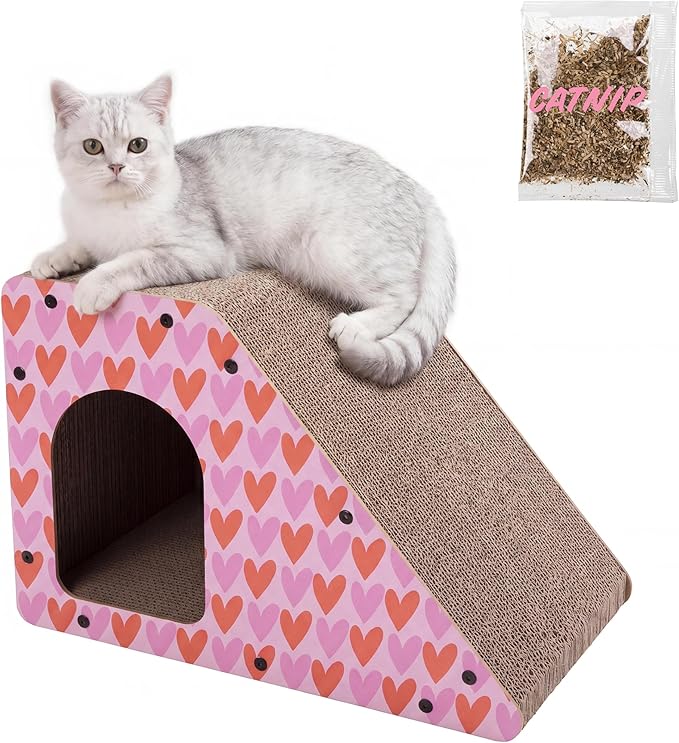 Kento 23.63" Modern Cardboard Cat Cave Scratcher with Catnip, Angled Trapezoid Hideaway House and Scratching Lounge for Indoor Cats, Heart Pattern CSR1008C