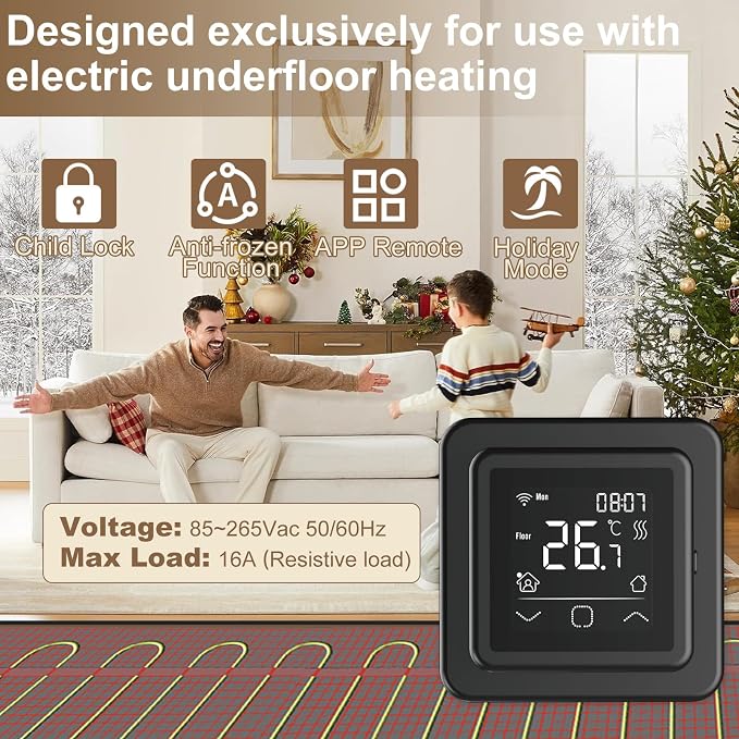 HEATIT Programmable Thermostat, WiFi Smart Thermostat for Electric Radiant Floor Heating with Touchscreen, 85V-265V Wide Voltage Range, Dual Sensing, Black