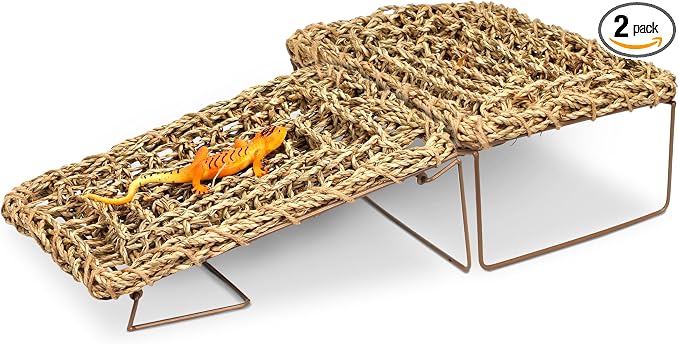 Bearded Dragon Hammock, Seagrass Reptile Basking Platform with Foldable Metal Frame, Collapsible Habitat Accessory for Leopard Gecko, Snake, Frog, Crab (2-Pack)