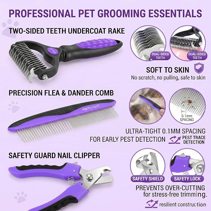 Self Cleaning Slicker Brush for Dog - 5 PCS Dog Brush Grooming Kit,Undercoat Rake Brush Comb for Small Large Dogs Cats, Dog Hair Brush Set, Grooming Deshedding at Home or Travel, Purple