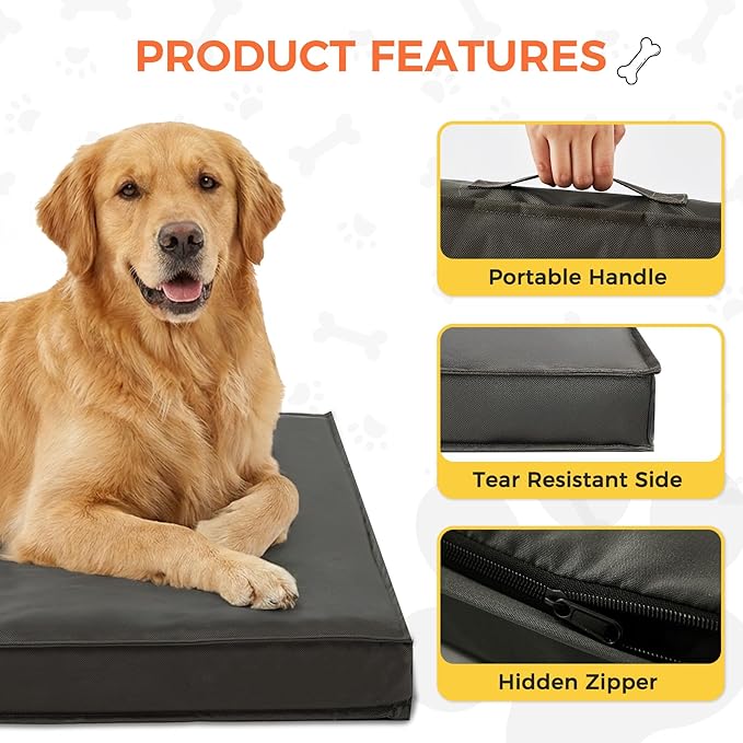 Outdoor Dog Bed for Medium Sized Dogs, Waterproof Dog Bed Medium, 36x27x3 Inch, Orthopedic Dog Bed with Removable Washable Cover, Flat Rectangle Pet Crate Pad for Kennel, Outside, Dark Grey