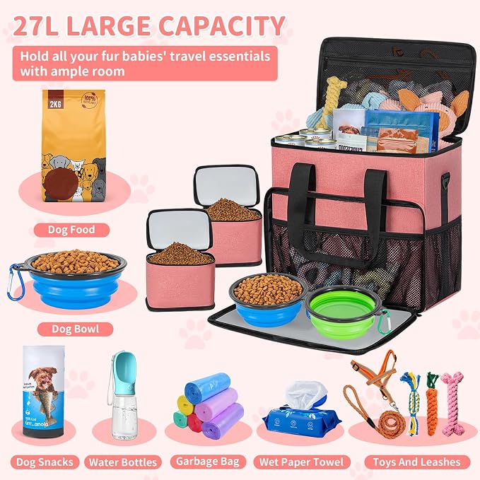 Dog Travel Bag,Large Pet Travel Bag for Supplies with 2 Food Container and Collapsible Bowls,Dog Travel Supplies Organizer Kit for Weekend,Road Trips,Camping