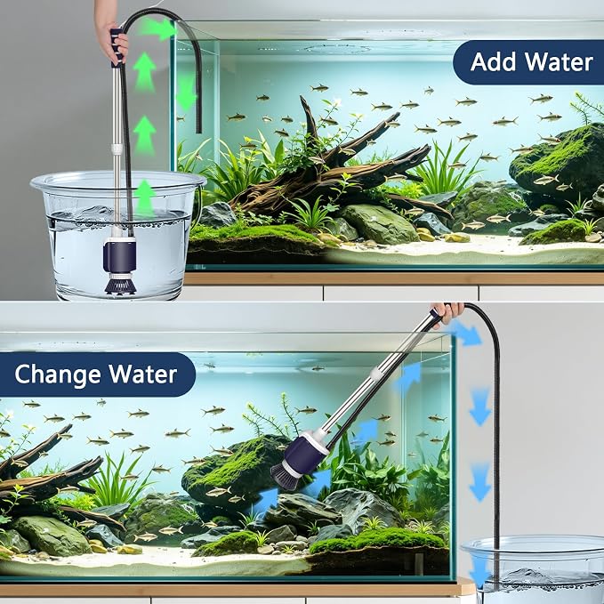 AQQA 600GPH Electric Aquarium Gravel Cleaner, 6-in-1 Automatic Fish Tank Vacuum Cleaner & Water Changer with Stainless Steel Handle & 3-Stage Filter Cup for Turtle Tanks, Adjustable Flow 34W