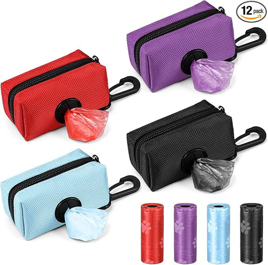 Aliceset 4 Pcs Dog Poop Bag Holder for Leashes Fabric Dog Poop Bag Dispenser and Treat Holder with 8 Rolls Pet Waste Pouches(Black, Blue, Purple, Red,Single Zipper)