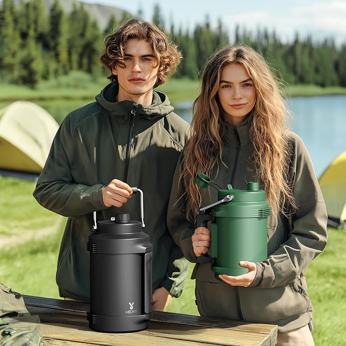 64 oz Insulated Water Bottle for Gym: Meoky Triple Wall Vacuum Stainless Steel Half Gallon Water Jug - Top and Side Handles, 2-in-1 Straw and Spout Lid, Cold for 36 Hrs, Leak Proof for Camping (Cyan)