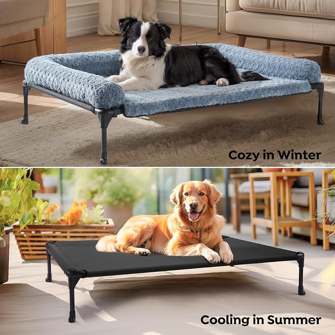 Veehoo Orthopedic Elevated Dog Bed Add Removable Deluxe Rose Plush Bolster Cushion Mat, 35" x 22" Washable Dog Couch Bed, Raised Pet Cot with Breathable Teslin Mesh, No-Slip Feet, Haze Blue, CWC2439B