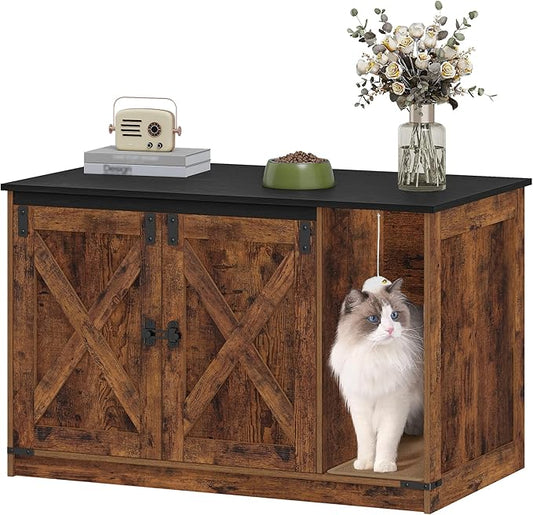 Hzuaneri Cat Litter Box Enclosure, Hidden Litter Box Cabinet Furniture with Bell, Indoor Cats House, Farmhouse Style, 39.4 x 21.7X 24.8 Inches for Hallway, Bedroom, Rustic and Black CB85201X