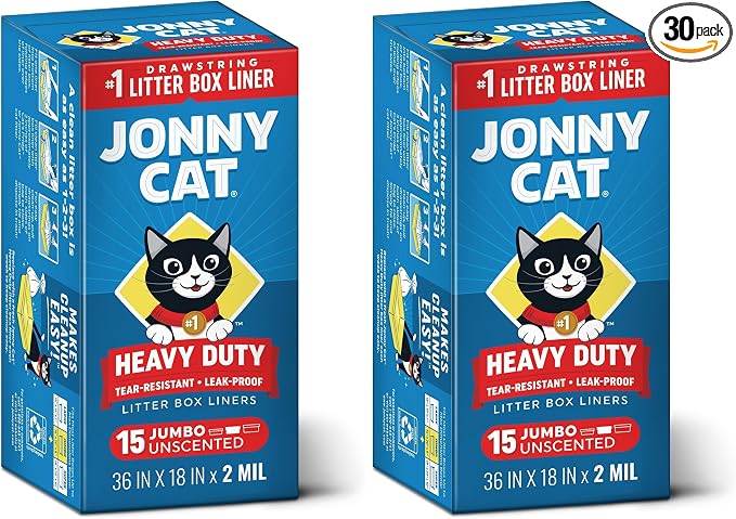 Jonny Cat Litter Box Liners: Heavy Duty - Tear & Leak Resistant - Drawstring Close - Jumbo, 1 Count (Pack of 30)