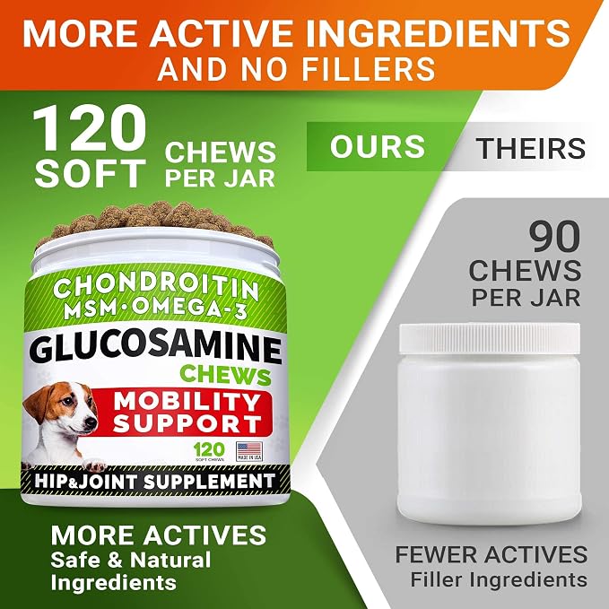 (Pack of 3) Glucosamine Treats for Dogs - Joint Supplement w/Omega-3 Fish Oil - Chondroitin, MSM - Advanced Mobility Chews - Joint Pain Relief - Hip & Joint Care - Chicken Flavor - Made in USA