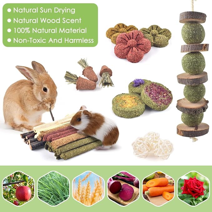 ERKOON 42PCS Rabbit Chew Toys, Natural Timothy Grass Cakes Guinea Pig Toys, Small Animal Teeth Grinding Treats for Bunny Hamster Chinchilla, Safe Dental Care Snacks