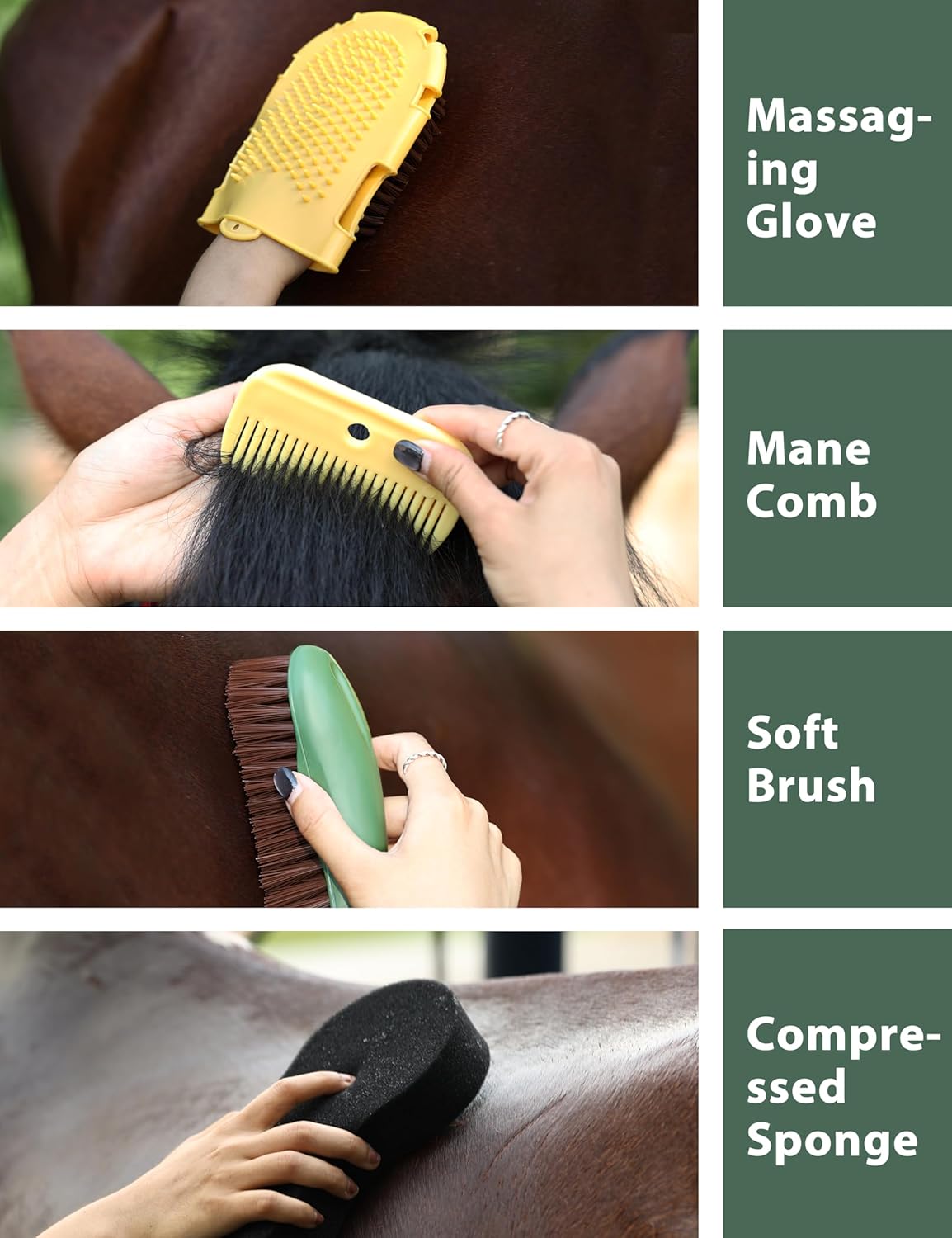 11PCS Horse Grooming Kit Curry Comb Sweat Scraper Horse Bathing Supplies Grooming Tools with Storage Bag Pasture Glow