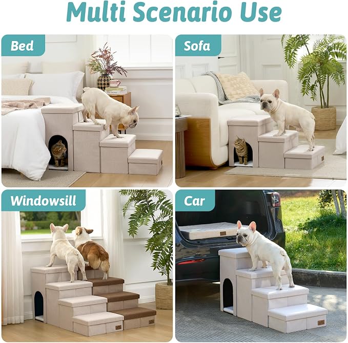 Dog Stairs with Storage, 4-Step Wider Sturdy Dog Steps for Small/Medium/Large Dogs and Older Cats, Doggie Ramp with Condo for Bed/Couch/Car Hold Up to 180 lbs (22.6" H, Beige)