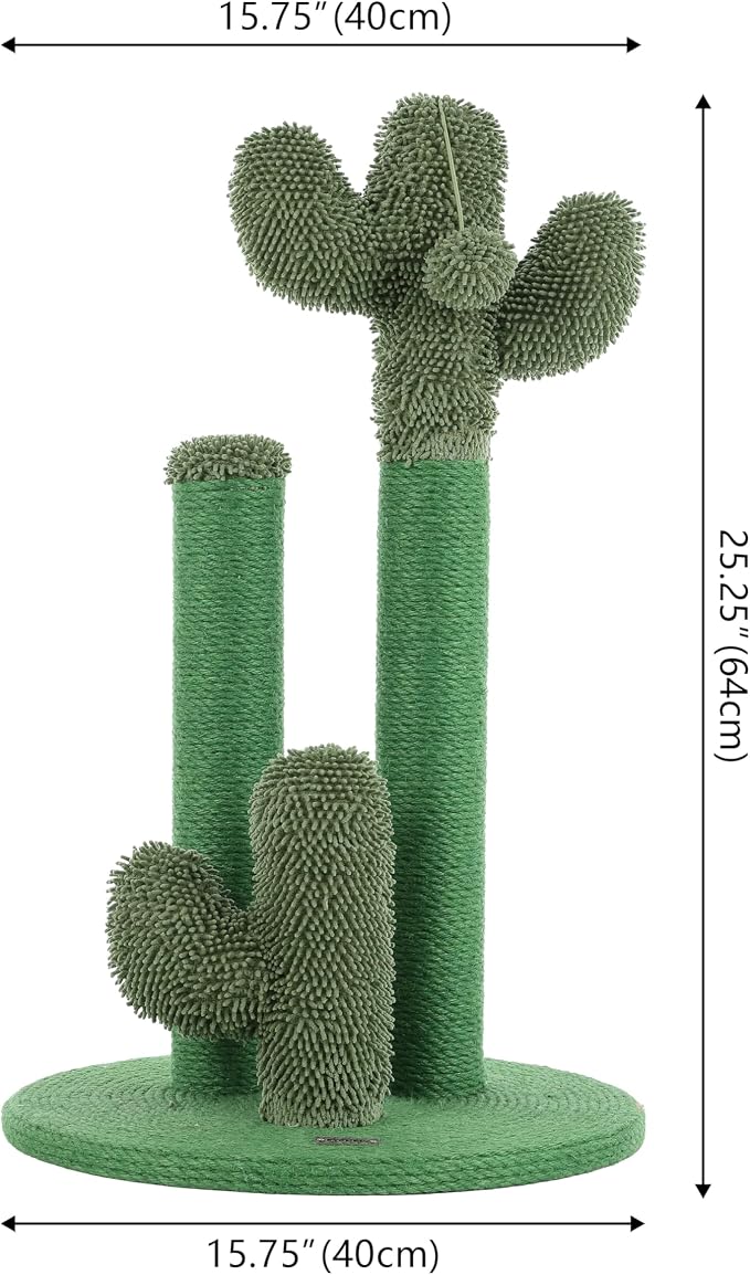 25.25" Modern Jute Triple-Cactus Cat Scratching Post Green | Toy Included, Plush Fabric, Scratchable Surface