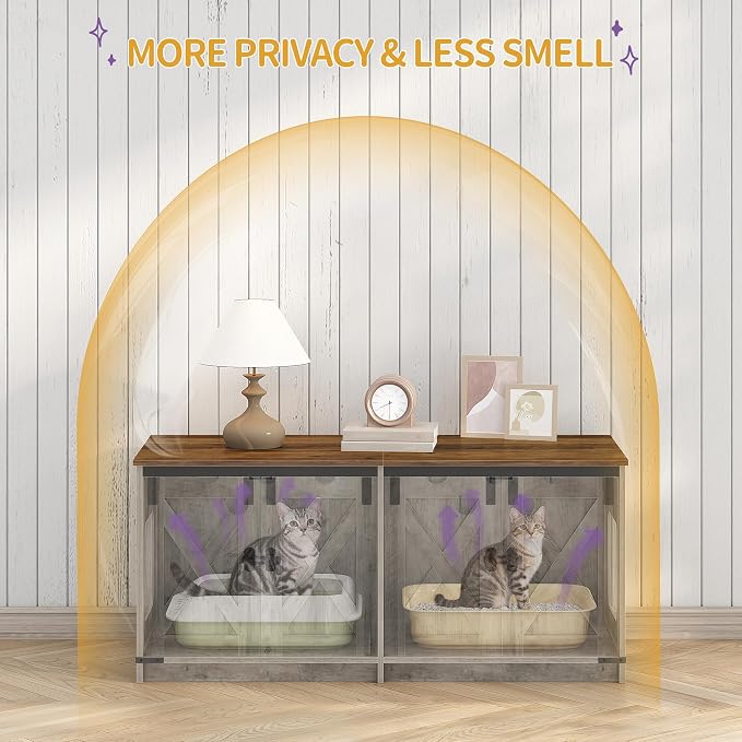 Hzuaneri Cat Litter Box Enclosure for 2 Cats, Hidden Litter Box Furniture Cabinet with Double Room, Indoor Cat House, Farmhouse Style, 46.7 x 18.9 x 21.1 Inches, Greige CB85305X