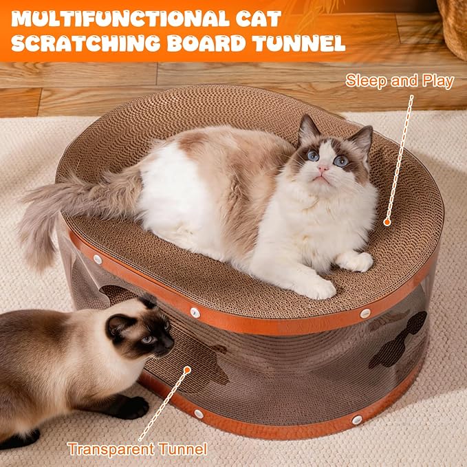 Homegroove Cat Scratcher Bed with Transparent Tunnel, 2-in-1 Cat Bed & Cardboard Scratcher for Indoor Cats, Multi-Level Cat Furniture with Curved Lounger and Play Tunnel (Wood, Regular)
