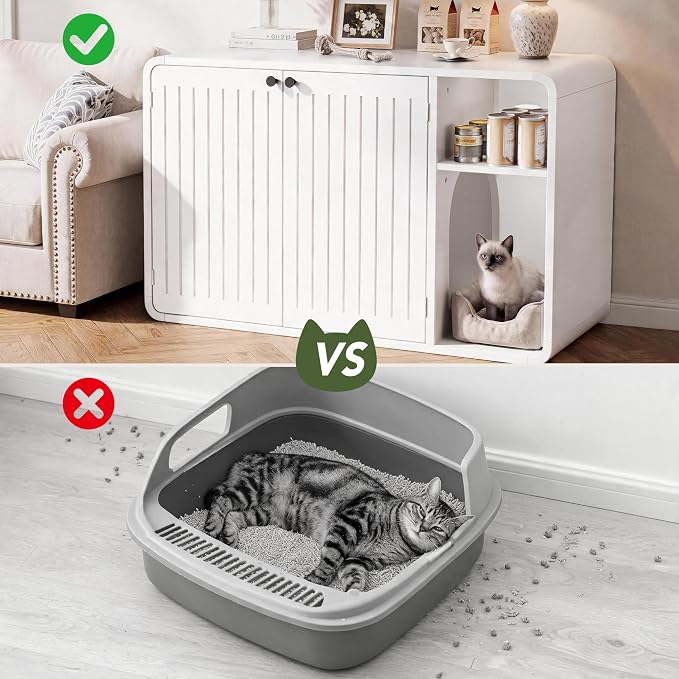 MXV 35.4" Cat Litter Box Enclosure, Hidden Wooden Cat Furniture with Slatted Doors, Mid-Century Modern Cat Washroom Storage Bench, Side End Table for Living Room, Bedroom, White