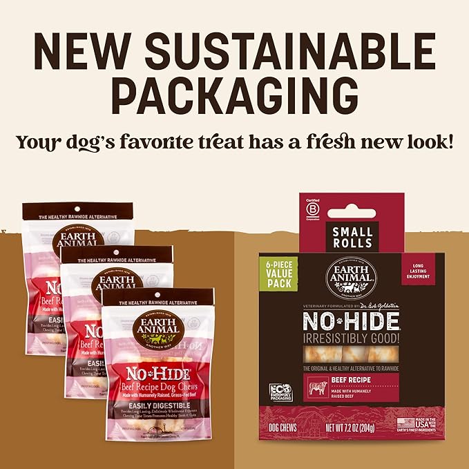Earth Animal No Hide Chews - Long Lasting Rawhide Free Small Dog Chews Rolls, Beef - 6 Count