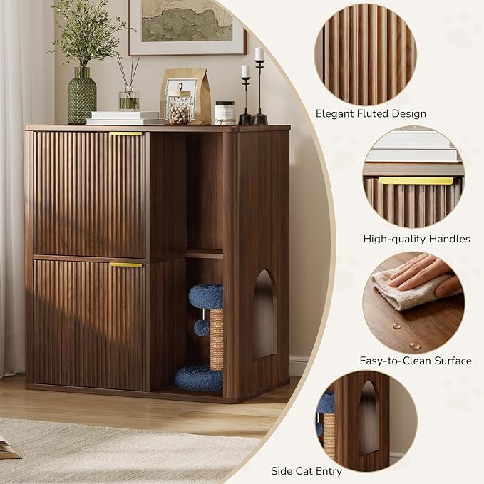 Rovibek Double Cat Litter Box Enclosure Furniture, Fluted Hidden Litter Box Enclosure for 2 Cats with Double Room, Mid Century Dual Cat Litter Cabinet with Scratching Post, Dangling Ball, Walnut