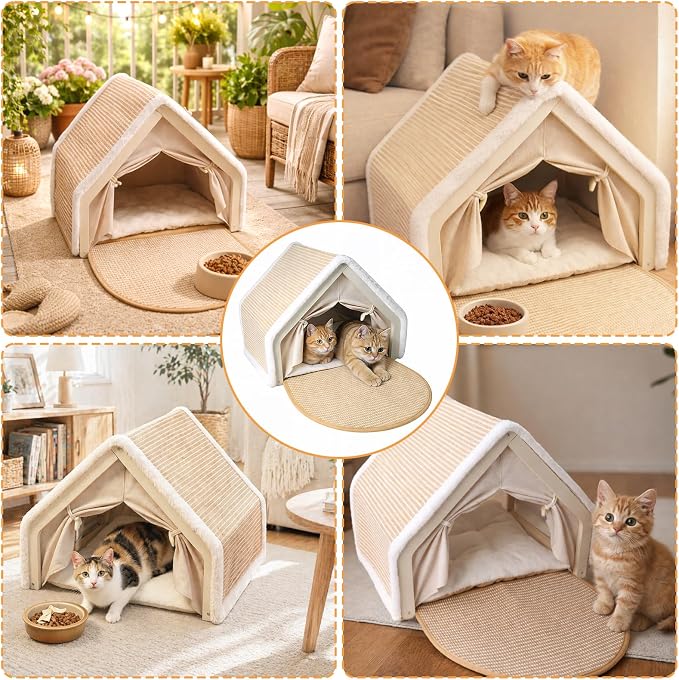 Cat Houses for Indoor Cats, 4-Season Universal Cat Bed with Natural Hemp Scratching Pad, Solid Wood Frame, Easy to Assemble, Floor-Scratching Carpet, Medium
