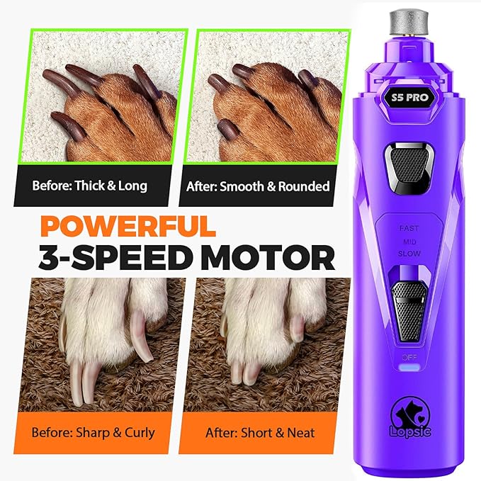 Whisper Quiet Dog Nail Grinder with 4 LED Lights, Safe & Stress-Free for Sensitive Dogs of All Breeds & Sizes, 3 Grinding Bits, 3-Speed, Pet Nail Trimmers, Rechargeable Painless Grooming Kit Purple