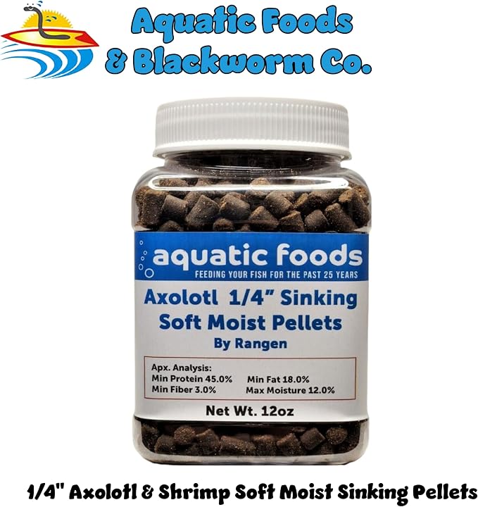 Axolotl Food 1/4" Soft Moist Sinking Salmon Pellets for Adult Axolotl Also Shrimp, Snails, Crabs, Crayfish, Bottom Tropical Fish...12oz Small Jar