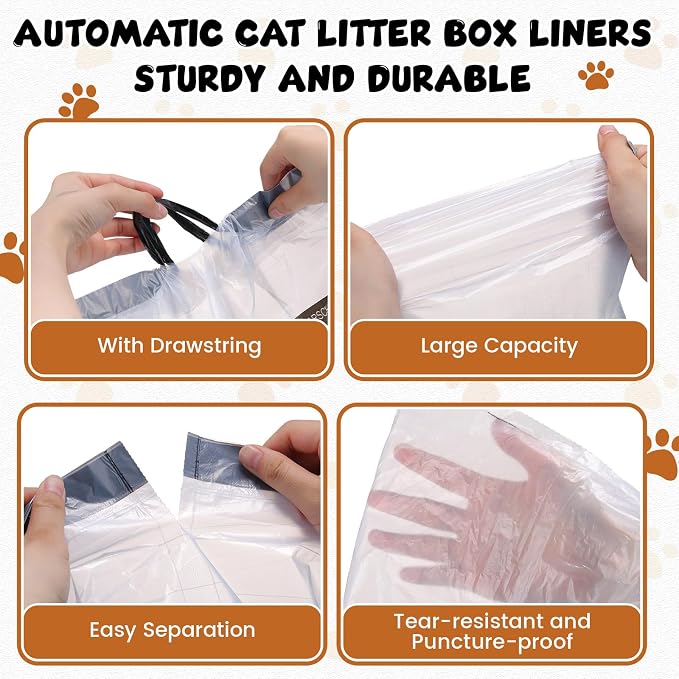 200 Count Cat Litter Box Liners Bags for Self Cleaning Automatic Litter Box 22.5 x 12.2" Drawstring Heavy Duty Pet Receptacles Bags Bulk 1.57 Mil Thick Tear Resistant Leak Proof Waste Liners