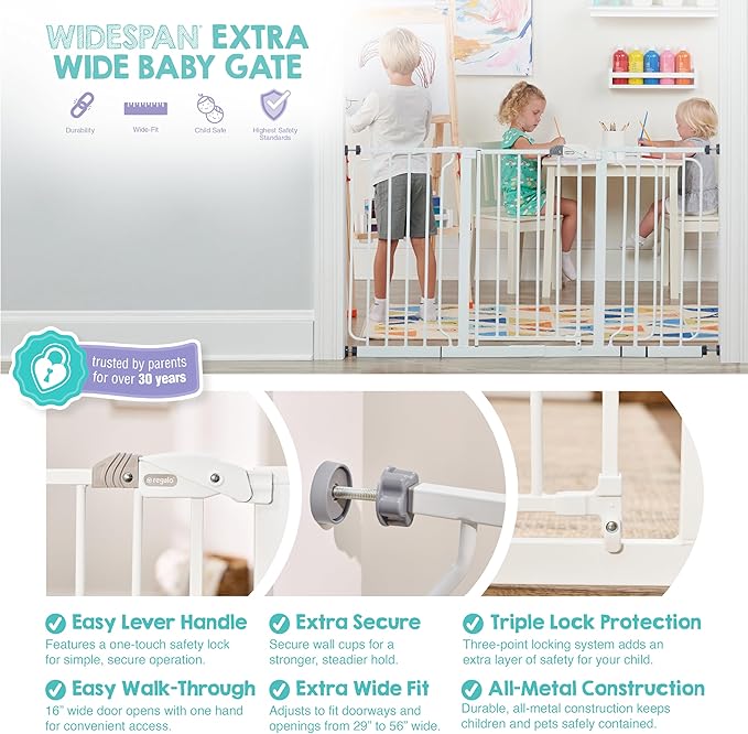 Regalo Safety 29-56" Extra Wide Baby Gate for Doorways & Bottom of Stairs, Pressure Mounted Baby Gate with Door for Babies, Toddlers & Pets, Tested & Safe for 30 Years, American Designed and Owned