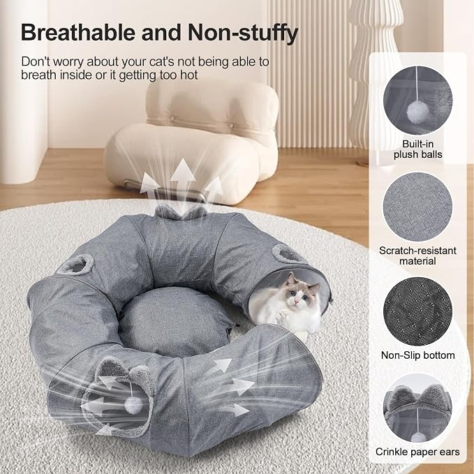 Odoland Cat Tunnels Bed for Indoor Cat with Interactive Cat Toys, Cat Tube with Washable Cushion for Small Large Cats, Round Pet Peekaboo Cave for Kitten, Adult Cats and Rabbit