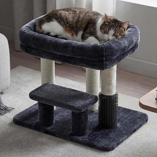Heybly Cat Scratching Post, Small Cat Tree Tower with 3 Full Sisal Posts, Removable Plush Bed, Grooming Brush, Stable & Space-Saving Cat Furniture with Gentle Step for Indoor Cats, Smoky Gray HSP001SG