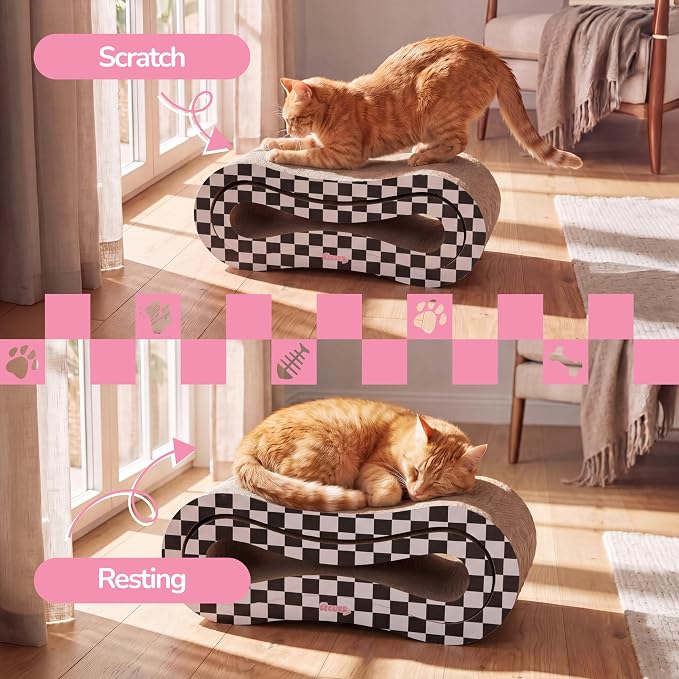 Suvi 26" Modern Cardboard Infinity 2-in-1 Lounge Bed Cat Scratcher with Catnip, Black/White Checker, Corrugated Scratching Surface and Tunnel CSR1014K