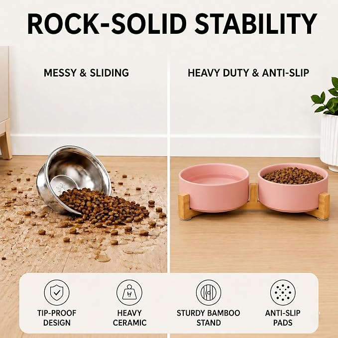 SPUNKYJUNKY Ceramic Dog and Cat Bowl with Wood Stand Non-Slip Matte Glaze Weighted Food Water Set for Cats &Small Dogs 13.5 OZ