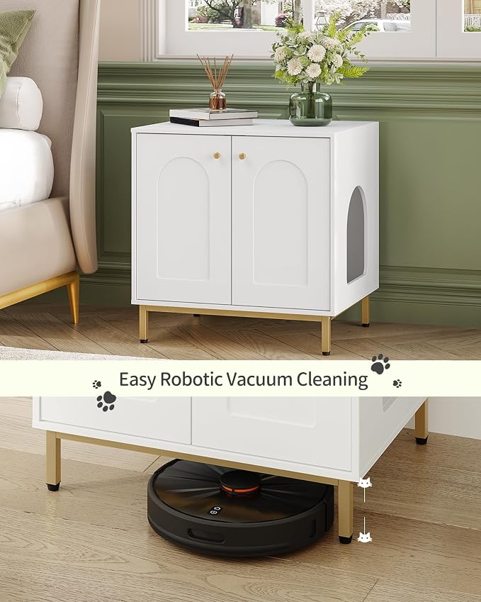 Hzuaneri Cat Litter Box Enclosure, Hidden Litter Box Furniture Cabinet, Wooden Indoor Cat House, Side End Table, Living Room, Bedroom, White and Gold CB81203G
