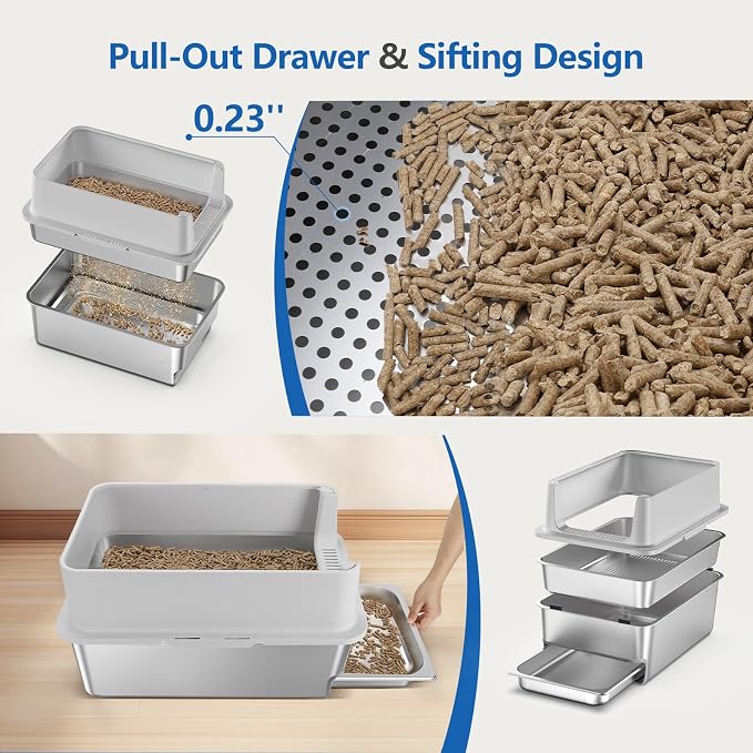 23.6x16x14'' Sifting Litter Box with Drawers, Stainless Steel Drawer Litter Box with 6'' Lid & Metal Scoop, XL Cat Litter Tray, Odor-Control & Saves Clean Time, Fits Most Cats