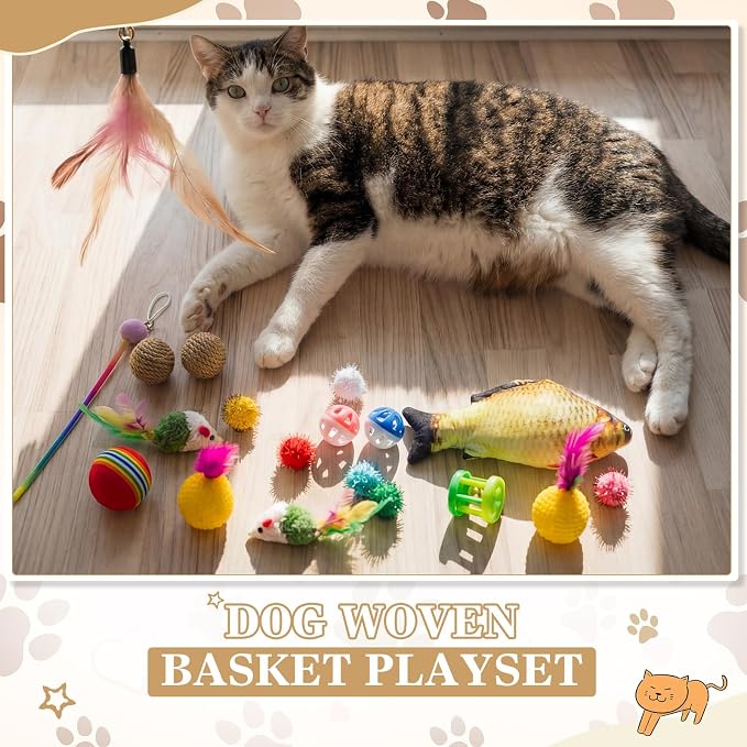 Zopeal 76 Pcs Graduation Cat Storage Basket Gift Toys Set Interactive Cat Toys Kitten Wand Colorful Flashing Balls Pet Crinkle Balls Attract Kitten to Swat, Hunt for Pet Indoor(White,Coffee,Black)