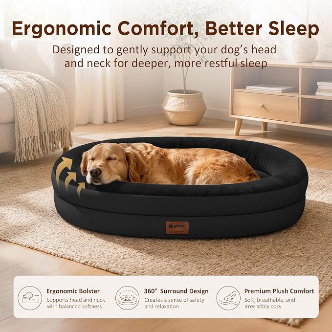 Orthopedic Dog Bed for Large Dogs, Waterproof Dog Bed for Large Size Dogs with Bolsters, Egg Crate Foam Sofa Bed with Washable Removable Cover & Non-Slip Bottom, Black