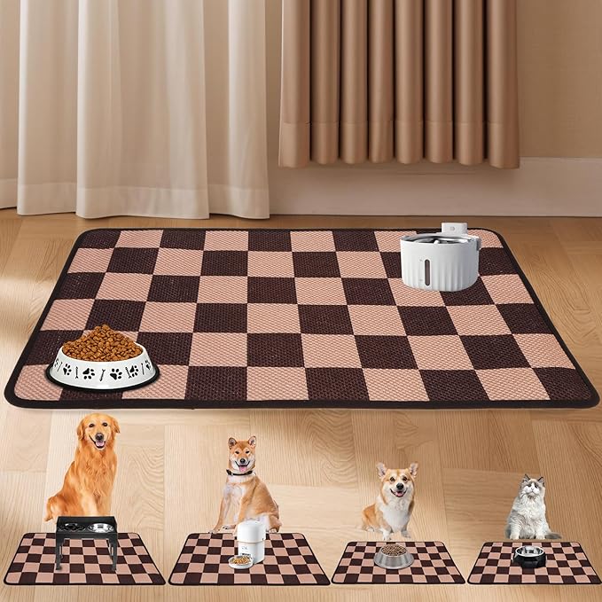 PUPTECK Dog Food Mat, Absorbent Pet Cat Feeding Mat for Food and Water Bowls, Anti-Slip Dog Placemat for Floors Waterproof, Pet Supplies Accessories, Brown & Khaki Checkered M
