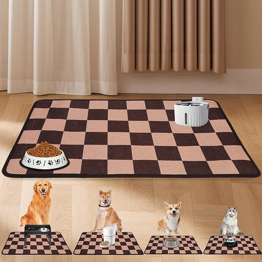 PUPTECK Dog Food Mat, Absorbent Pet Cat Feeding Mat for Food and Water Bowls, Anti-Slip Dog Placemat for Floors Waterproof, Pet Supplies Accessories, Brown & Khaki Checkered M