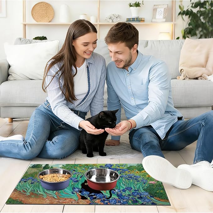 Black Cat Pet Feeding Mat, Absorbent Dog/Cat Food Mat for Food and Water Bowl, Non-Slip Quick Dry Pet Placemat Floor Protector for Messy Drinkers(17 x 30 in)