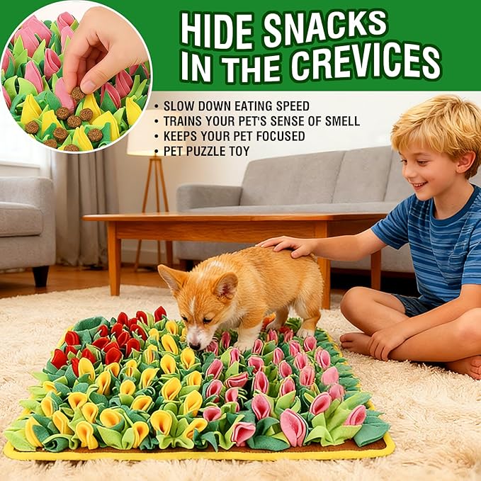 MYLIFESION Snuffle Mat 23.62''×15.75'' for Small & Medium Dogs, Slow Feeding Puzzle Sniff Mat for Cats Rabbits, Mentally Stimulating Scent Training, Portable Durable Pet Food Mat (Tulip Style)