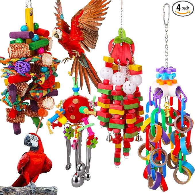 Soulchen 4 Pcs Extra Large Bird Parrot Toy Set Natural Wooden Chewing Toy, Rattan Ball, Wood Nut Loofah String (Bagged) for Large Macaws, African Grey, Amazon Parrots (Corn Cob)