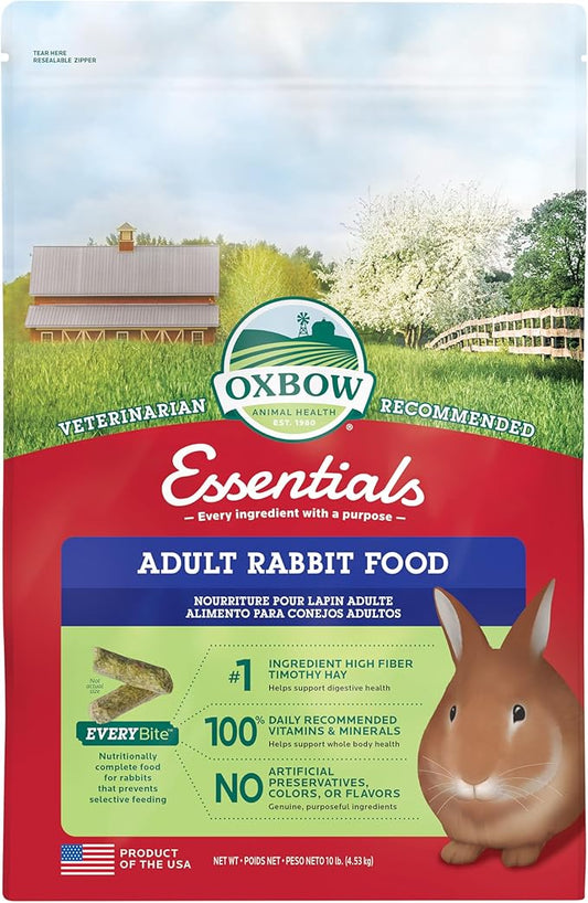 Oxbow Essentials Rabbit Food, Adult, with Timothy Hay for Rabbit, Pet Pellets with Vitamins & Minerals, Small Animal Pet Products, Bunny Food, Made in USA, High Fiber, 10 lb. Bag