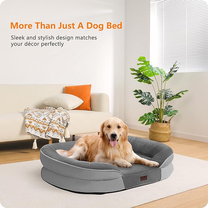 Dwanton Orthopedic Dog Bed for Large Dogs with Gel Memory Foam, Waterproof Dog Sofa, Washable Pet Bed with Four Sided Bolster Cushion, Removable Cover & Non-Slip Bottom, 42", Medium Grey