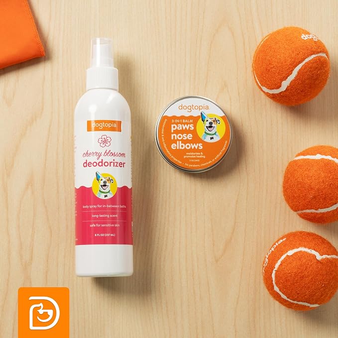 Dogtopia 3-in-1 Paw Balm & Deodorizer Spray - Between Baths Bundle for Pets | Moisturizing Balm for Cracked Skin (2oz) & Long-Lasting Cherry Blossom Odor Eliminator (8oz) for Dogs & Cats