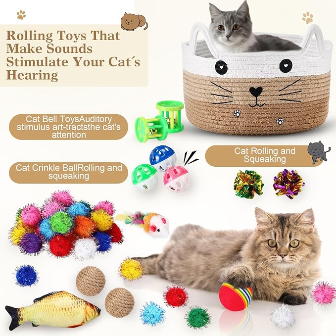 Zopeal 76 Pcs Graduation Cat Storage Basket Gift Toys Set Interactive Cat Toys Kitten Wand Colorful Flashing Balls Pet Crinkle Balls Attract Kitten to Swat, Hunt for Pet Indoor(Khaki)