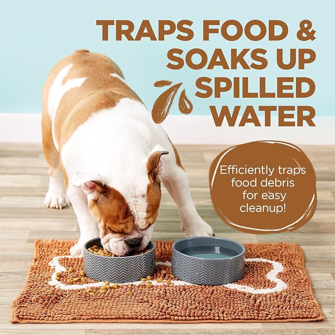 Soggy Doggy Slopmat Dog Food Mat – Absorbent Microfiber Chenille Pet Feeding Mat for Food & Water Bowls, Muddy Paws Small Doormat, Non-Slip, Machine Washable Rug – Caramel/Oatmeal Bone, 18” x 24”
