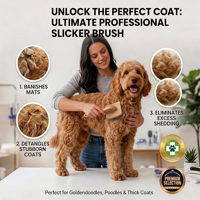 Slicker Brush for Dogs, Large Dog Grooming Brush for Doodles Goldendoodles Poodles Labradoodle Bernedoodles, Long Combs to Wavy & Curly Hair - Wooden Handle 3 Pcs - Nature