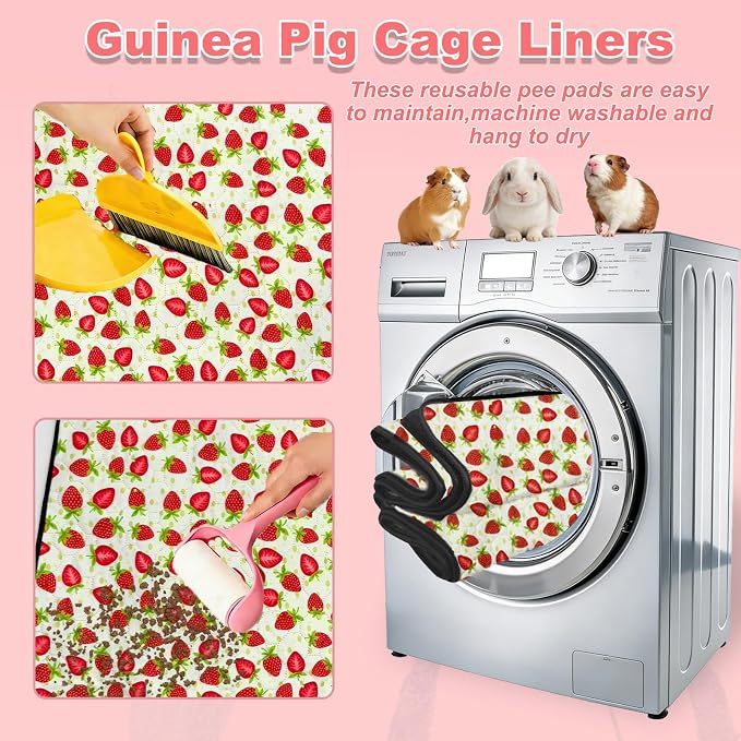 2 Pack Guinea Pig Cage Liners, 48"x 60" Washable Waterproof Bedding for Rabbit, Bunny, Hamster & Small Animals, Reusable Super Absorbent Pee Pads for C&C Cage, Strawberry Print