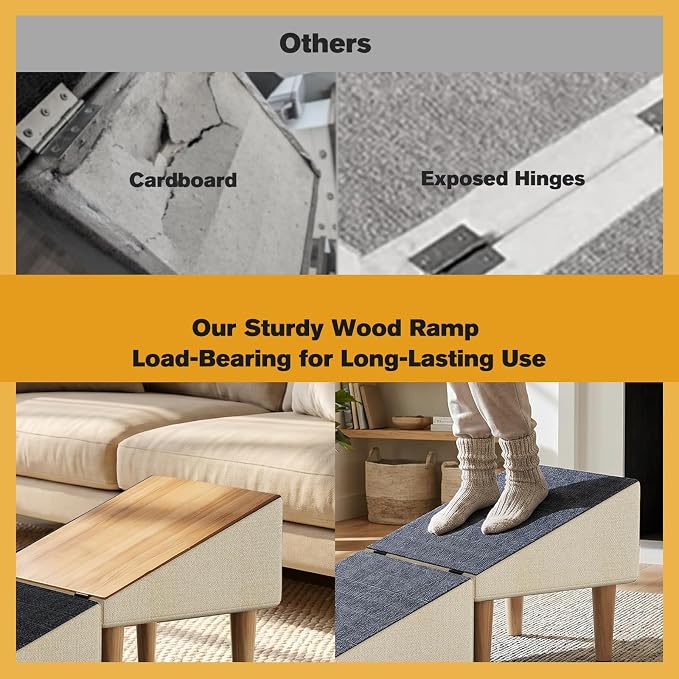 2-in-1 Folding Dog Ramp & Stairs for Small Dogs and Cats Split Ottoman for Couch/Bed, with Removable Washable Anti-Slip Mat & Cleaning Brush, Khaki
