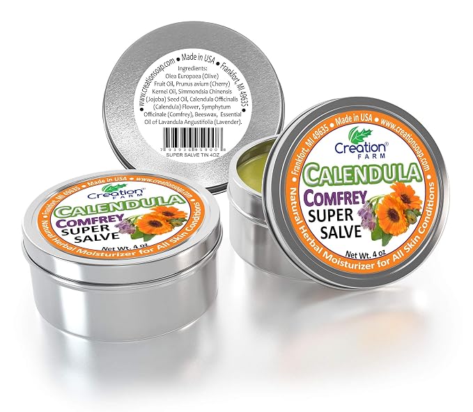 Calendula Comfrey Super Salve by Creation Farm, Herbal Balm, Moisturizer, and Ointment with No Gluten, Soy, GMO or Parabens, Made in USA Comforts many issues.